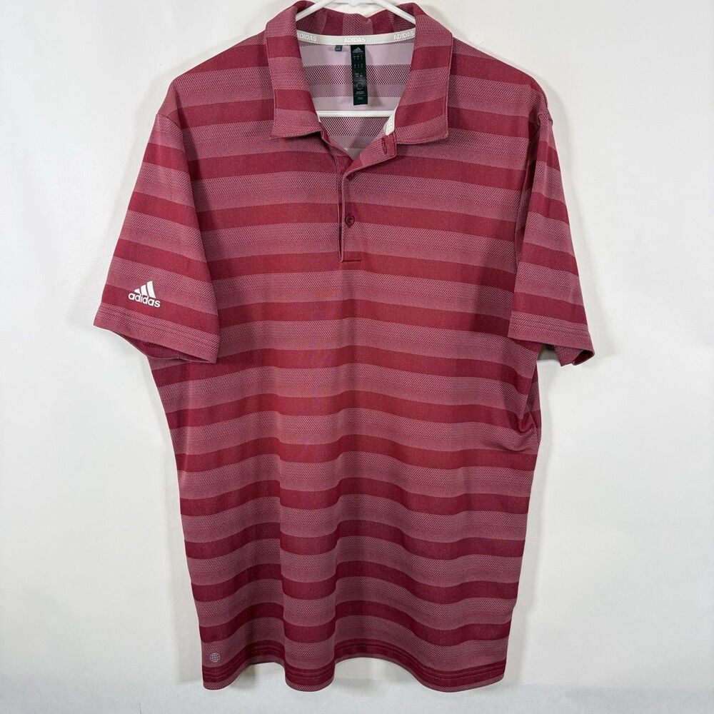 Adidas Golf Polo Shirt Mens Size Large Red Striped Performance Short Sleeve